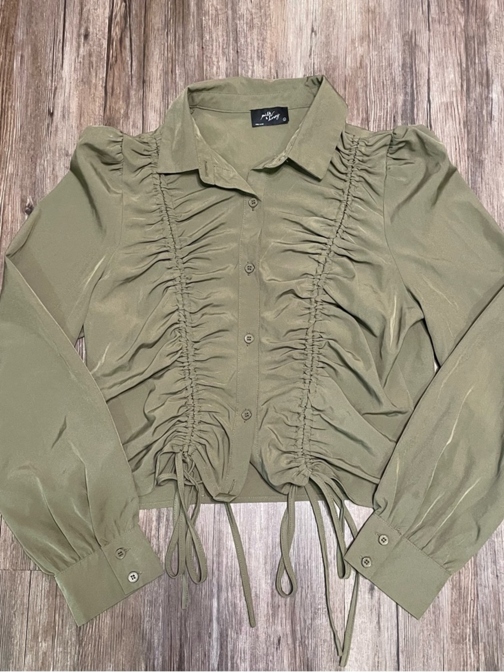 Olive Green Button-Front Blouse with Drawstring
